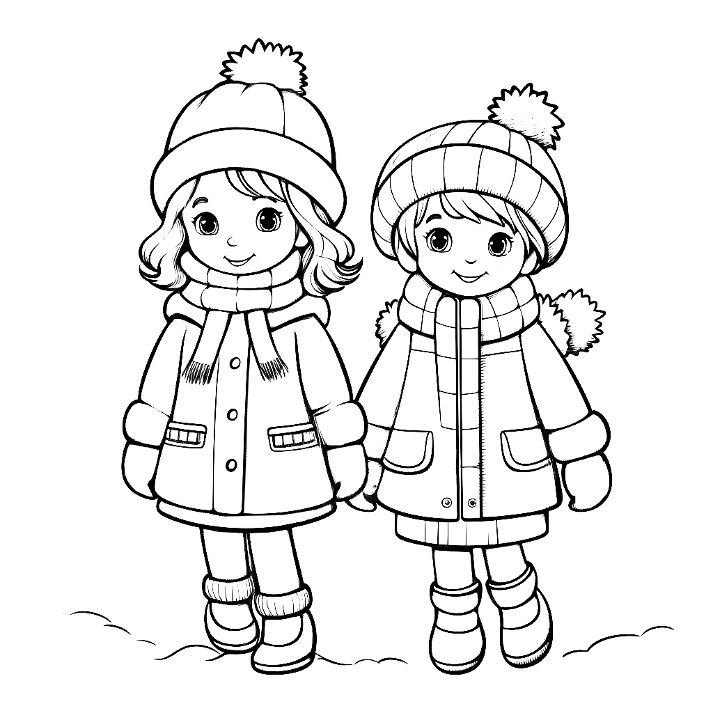 Kışlık Kıyafetli Çocuklar Boyama Sayfası