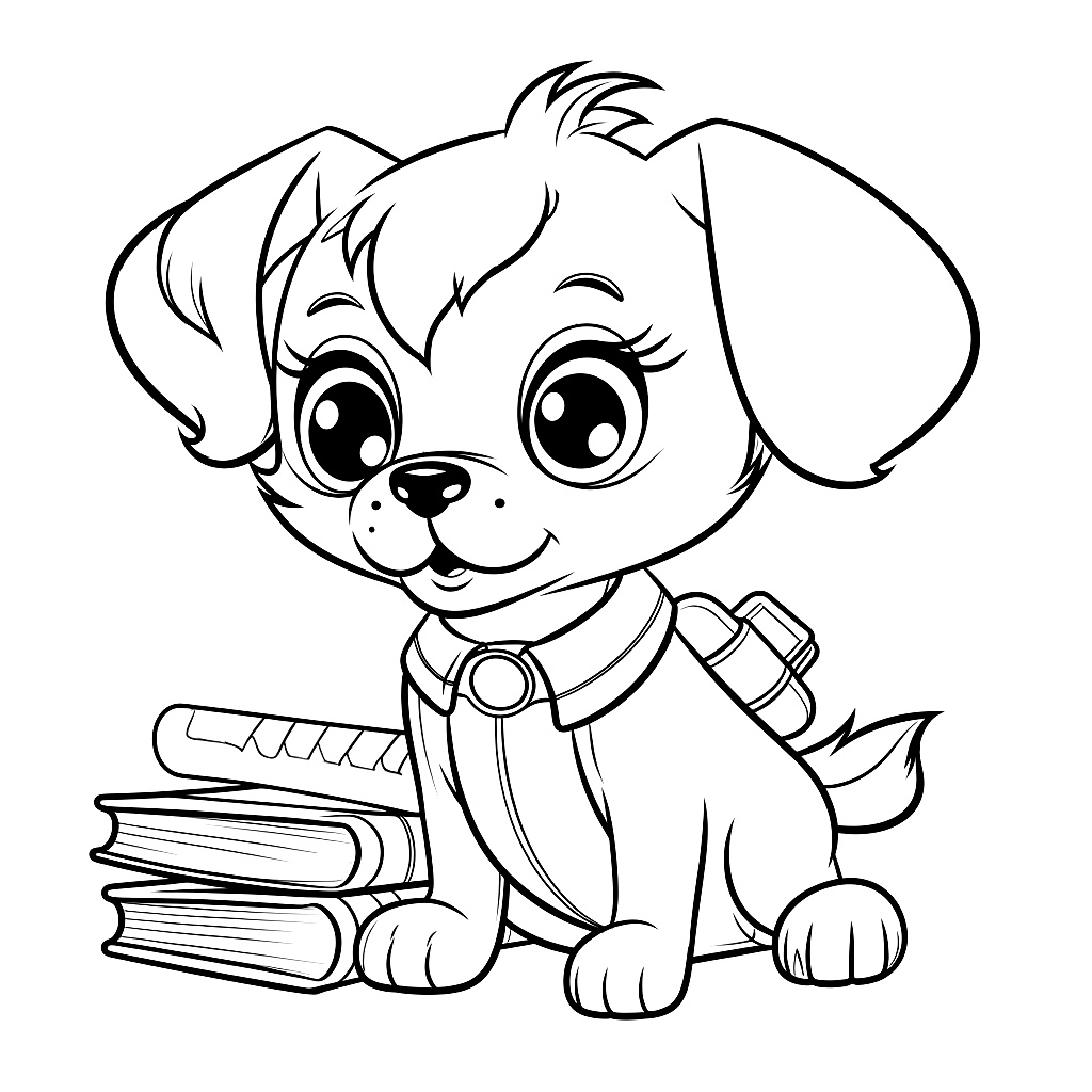 Boyama Sayfası Köpek Yavrusu ve Kitaplar
